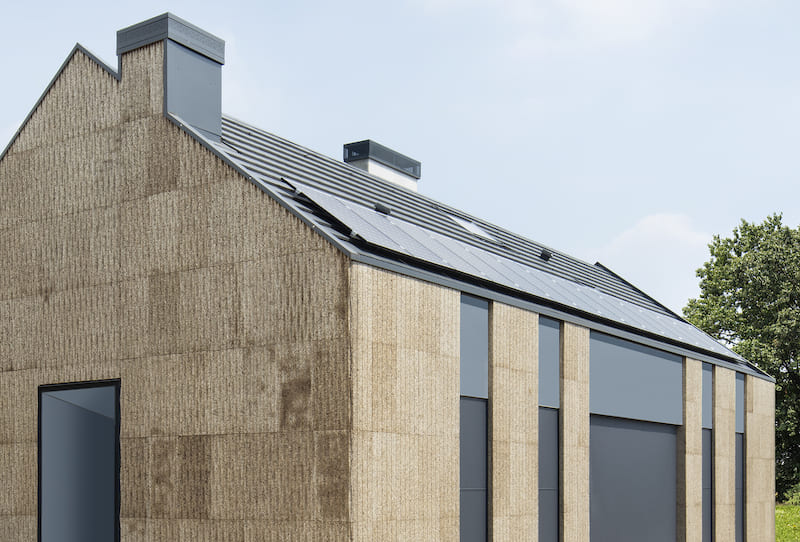 casa di riso, moderna, facciata esterna in sughero e copertura in alluminio